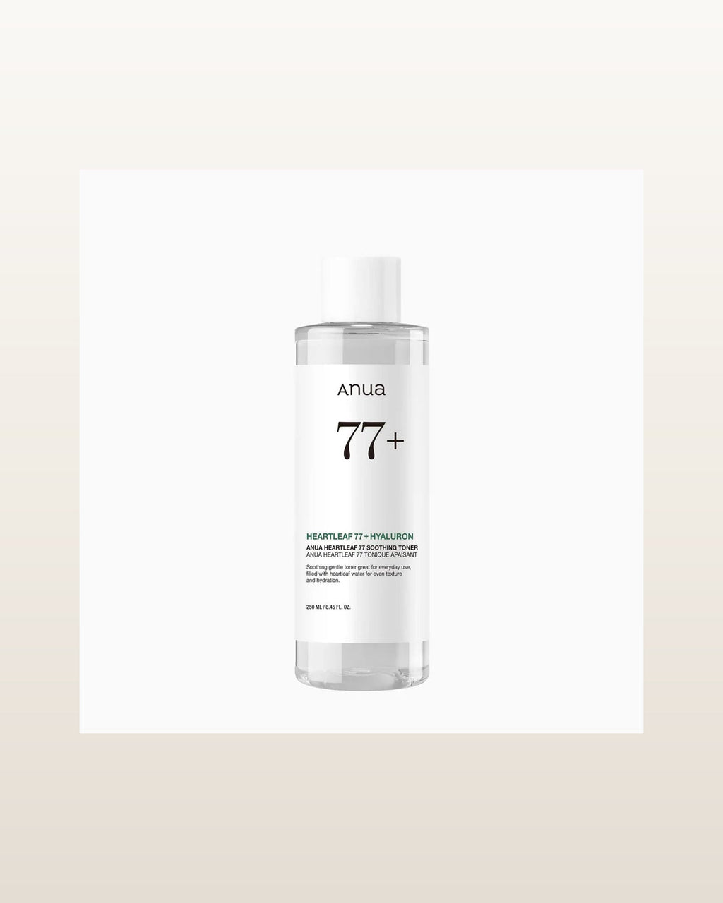 Heartleaf 77% Soothing Toner 250ml — product media concept (merchant packaging preserved, studio background only)