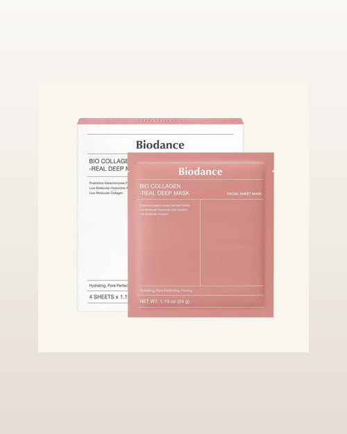 Bio Collagen Real Deep Mask — product media concept (merchant packaging preserved, studio background only)