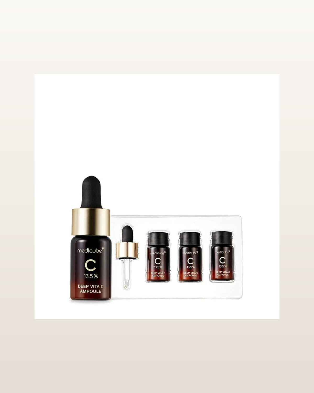 Medicube Deep Vita C Ampoule — product media concept (merchant packaging preserved, studio background only)