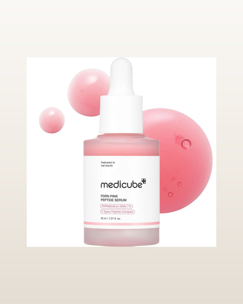 Medicube PDRN Pink Peptide Serum — product media concept (merchant packaging preserved, studio background only)