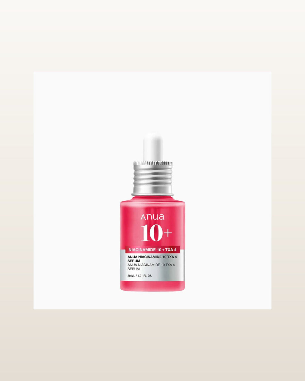 Niacinamide 10% + TXA 4% Serum 30ml — product media concept (merchant packaging preserved, studio background only)