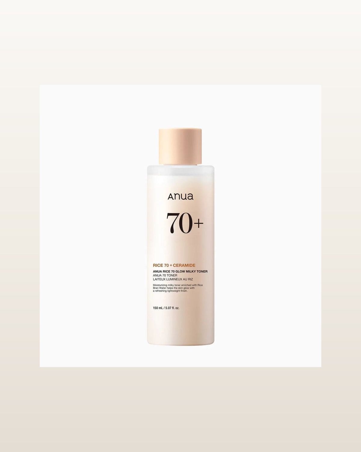 Rice 70 Glow Milky Toner 250ml — product media concept (merchant packaging preserved, studio background only)