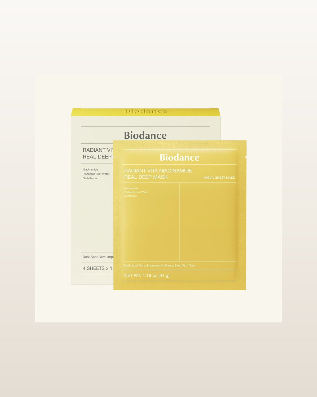 Radiant Vita Niacinamide Real Deep Mask — product media concept (merchant packaging preserved, studio background only)