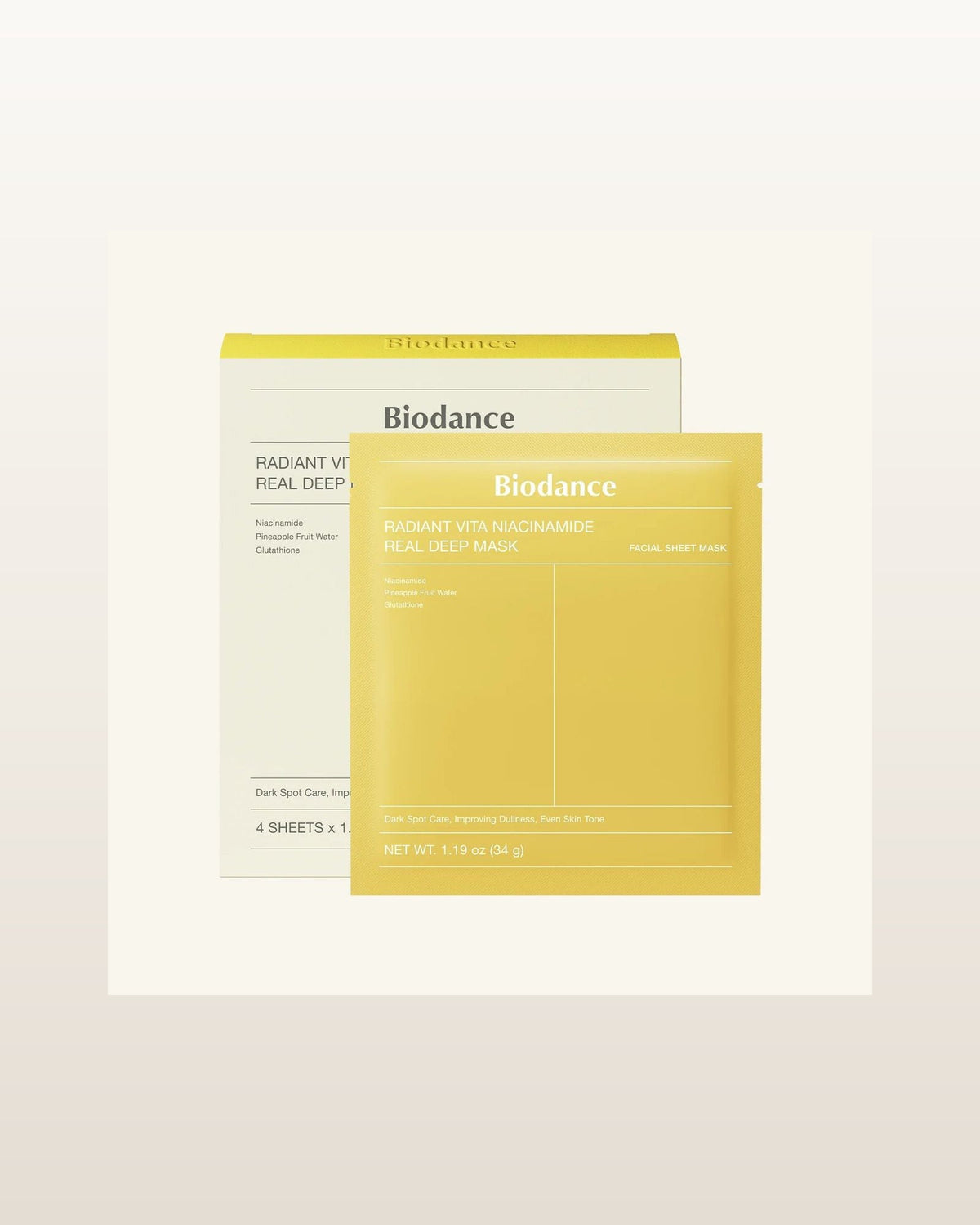 Radiant Vita Niacinamide Real Deep Mask — product media concept (merchant packaging preserved, studio background only)